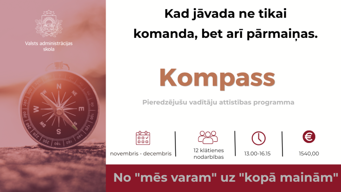 attēls ar kompasu un uzrakstu "pieredzējušu vadītāju attīstības programma KOMPASS"