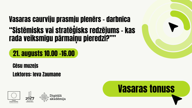 Vasaras caurviju prasmju plenērs “Sistēmisks vai stratēģisks redzējums – kas rada veiksmīgu pārmaiņu pieredzi?” 21. augusts 10.00-16.00