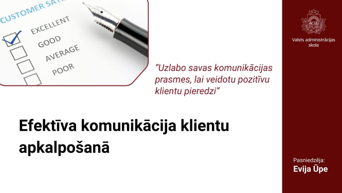 Attēlā uzraksts: Efektīva komunikācija klientu apkalpošanā, VAS ģerbonis