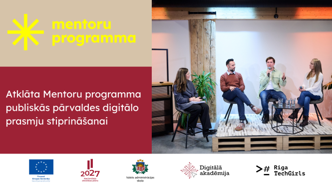 Attēlā uzraksts mentoru programma, pasākuma bilde, 3 dalībnieki