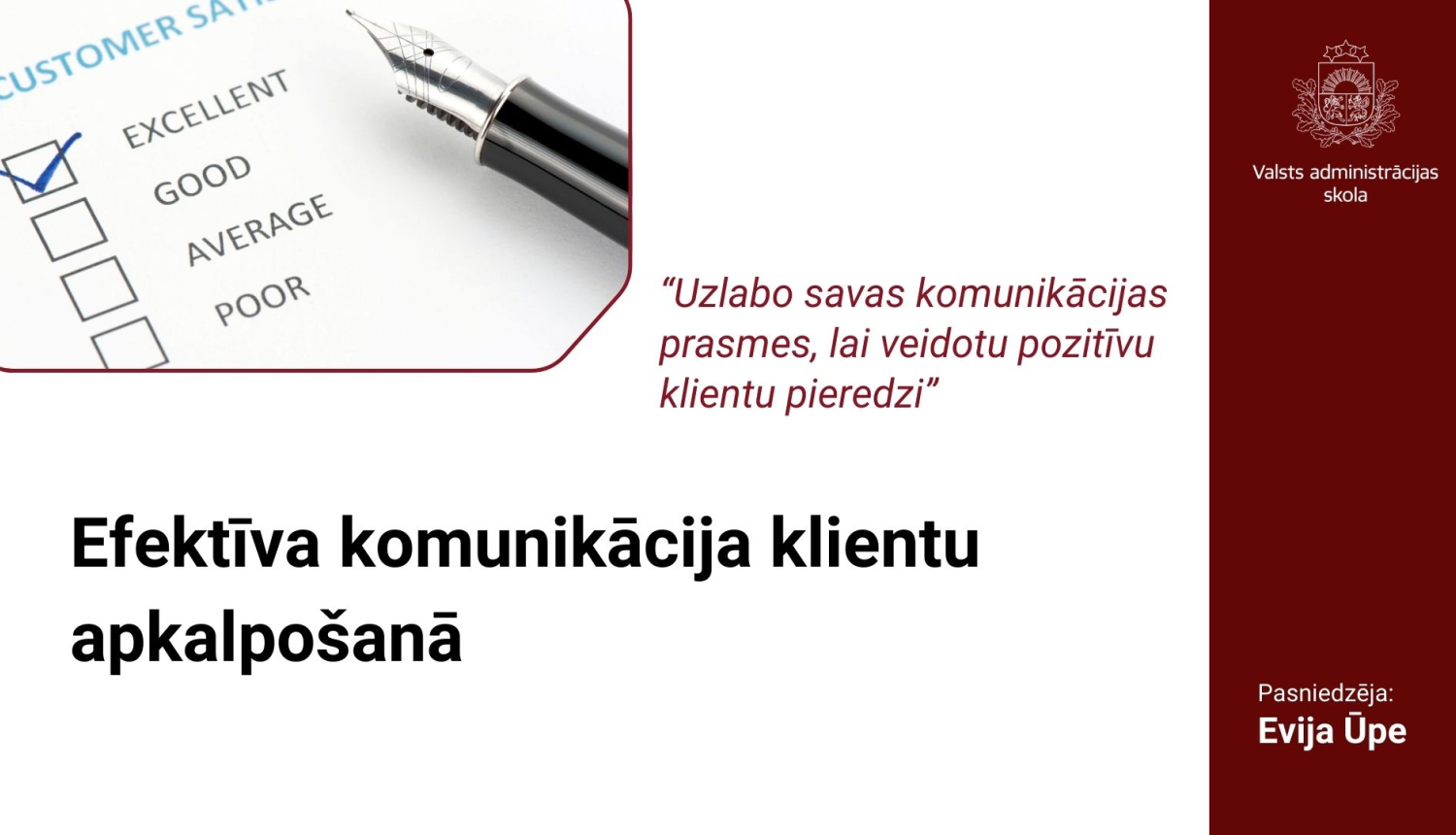 Attēlā uzraksts: Efektīva komunikācija klientu apkalpošanā, VAS ģerbonis