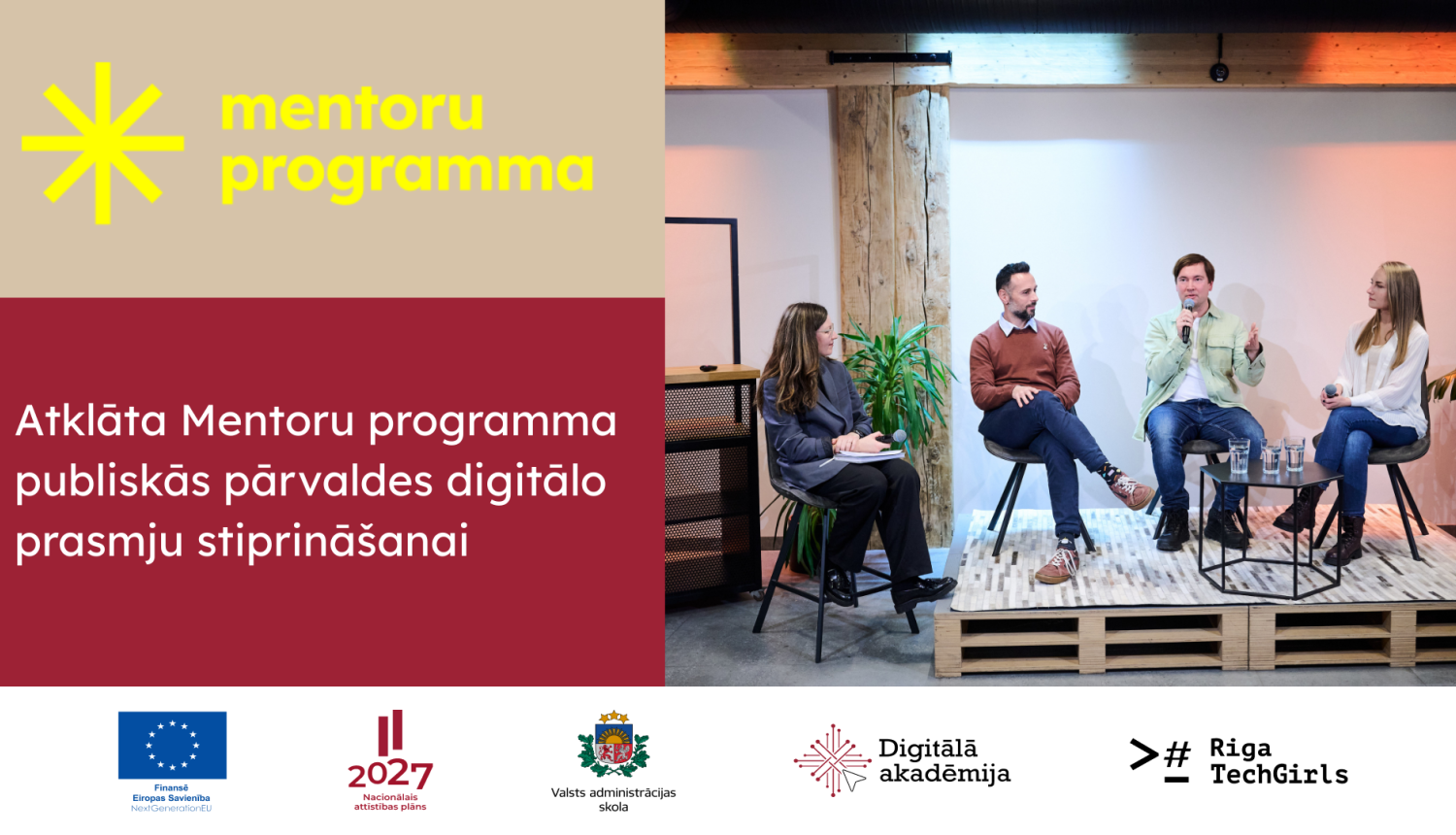 Attēlā uzraksts mentoru programma, pasākuma bilde, 3 dalībnieki