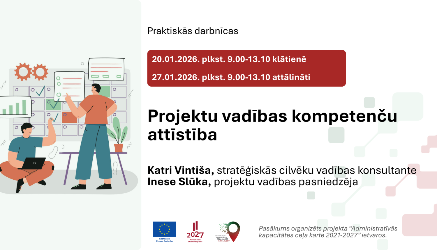 Bilde ar 2 cilvēkiem pie tāfeles par tēmu "Projektu vadības kompetenču attīstība"