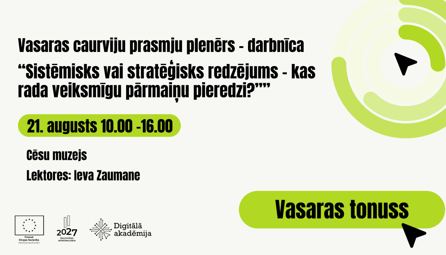 Vasaras caurviju prasmju plenērs “Sistēmisks vai stratēģisks redzējums – kas rada veiksmīgu pārmaiņu pieredzi?” 21. augusts 10.00-16.00