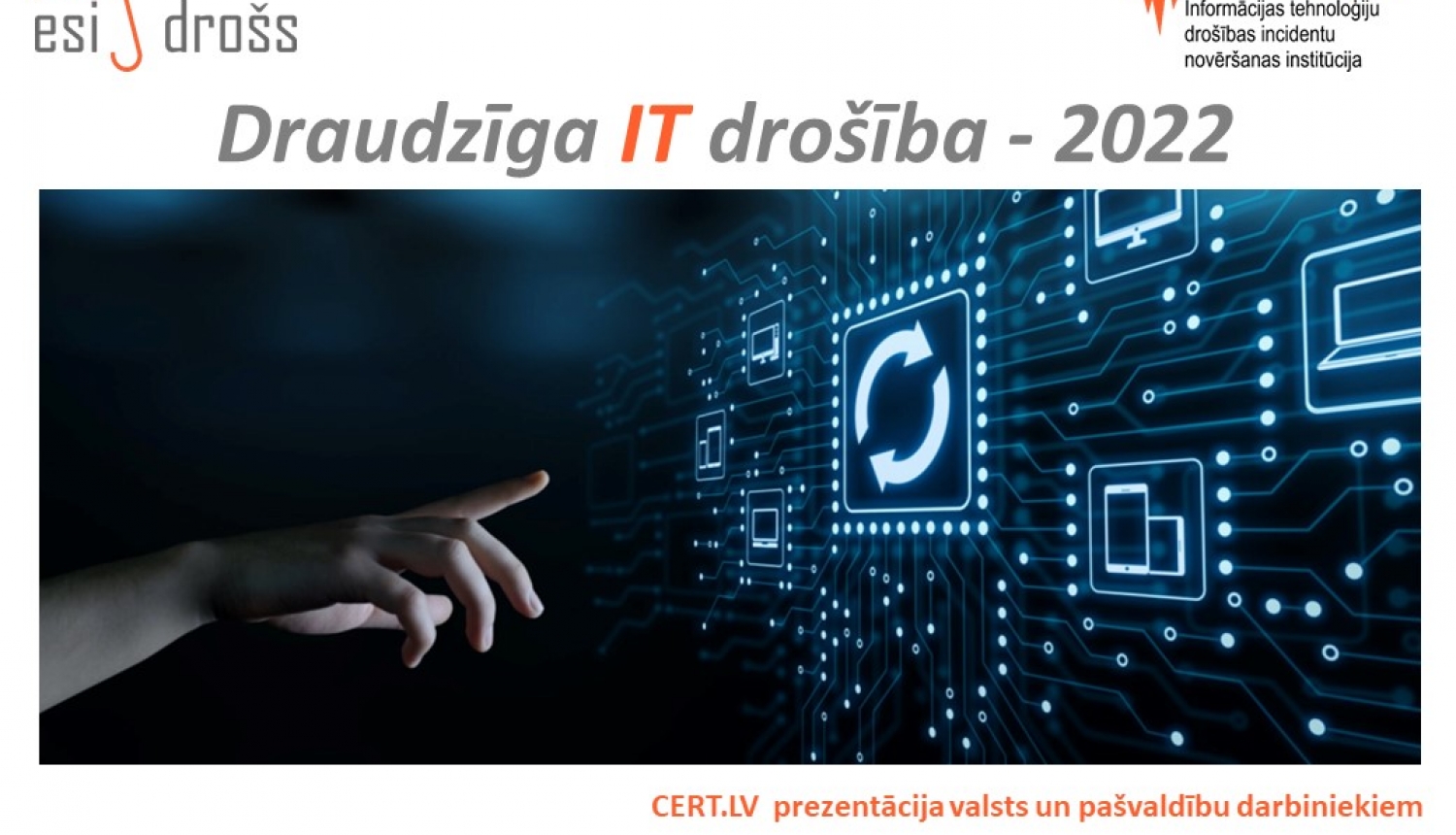 Uzraksts Draudzīga IT drošība - 2022. Bildē roka un IT sistēma